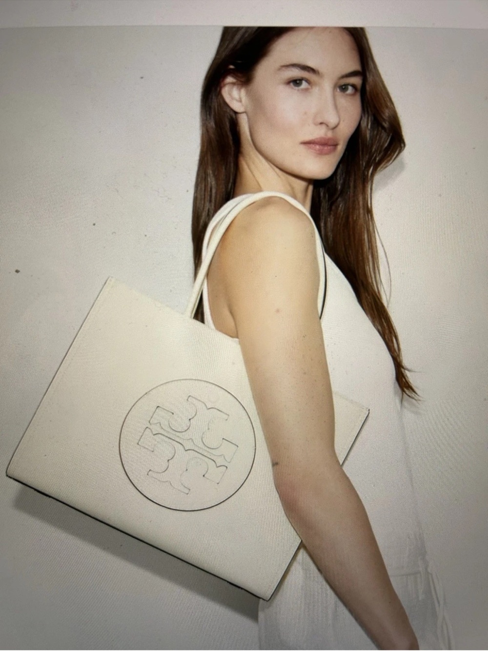 Tory Burch Ella Bio Warm White Embossed Logo Tote New